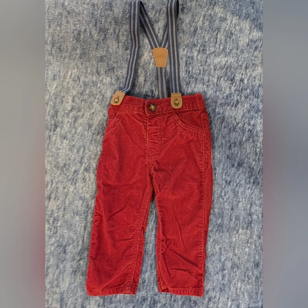 12M Kids Suspenders And Bow Tie Outfit with Red Pants and Gray Vest